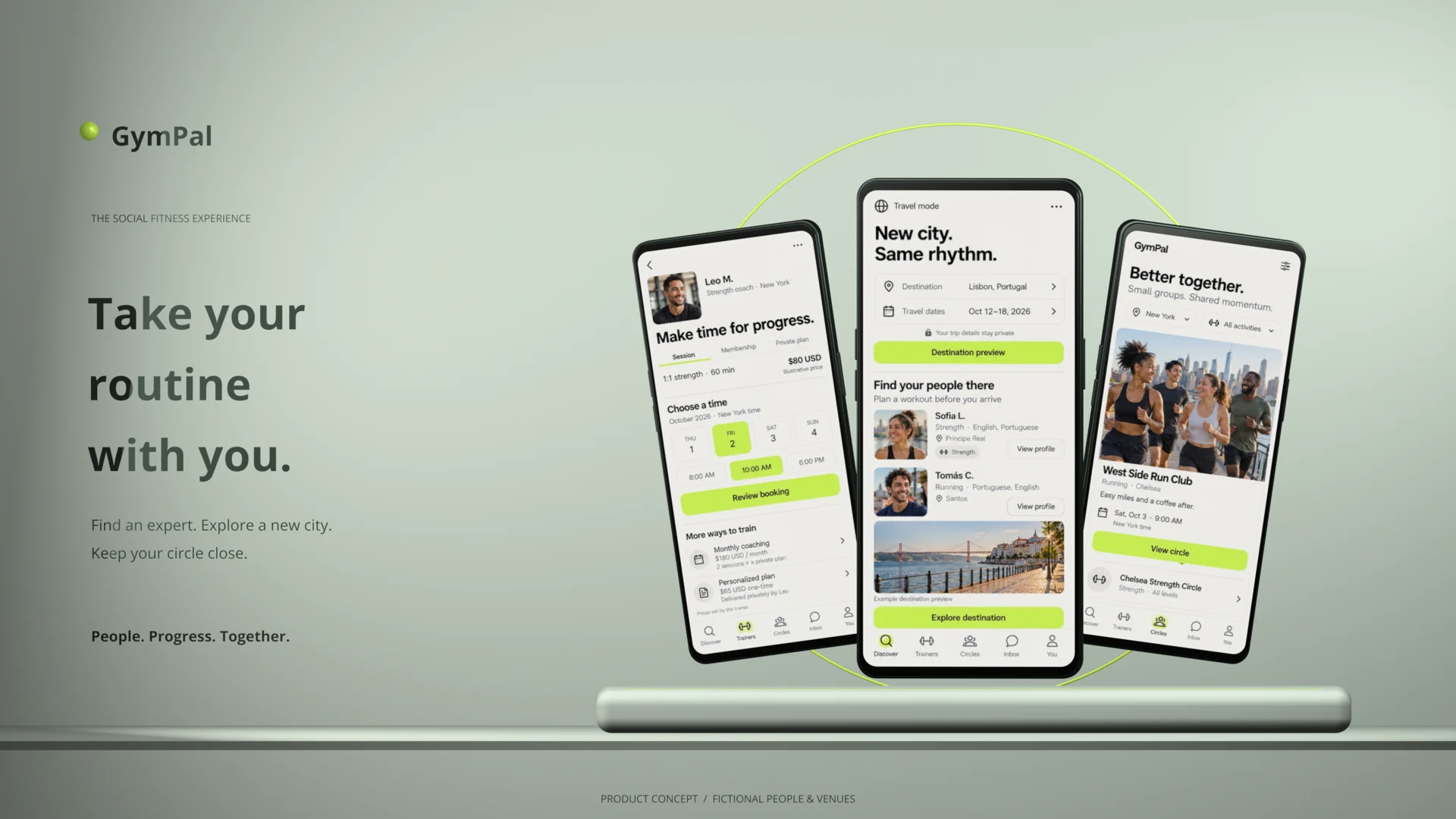 Light-mode GymPal concept presenting trainer discovery, profile details, and session planning